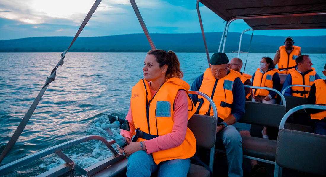 Tourists on a Boat Tour on Lake Ihema.